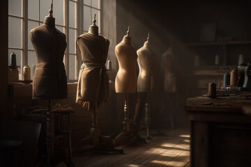 A warm, fashion workspace featuring vintage and modern dress forms, fabric pieces, and sewing tools. 