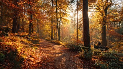Naklejka premium Autumn Woodland Trail Covered in Fallen Leaves with Sunlight