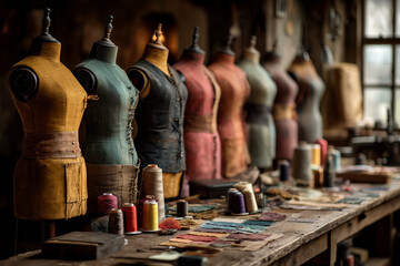 A warm, fashion workspace featuring vintage and modern dress forms, fabric pieces, and sewing tools. 