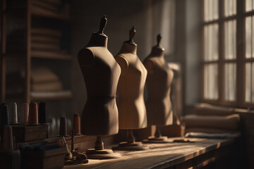 A warm, fashion workspace featuring vintage and modern dress forms, fabric pieces, and sewing tools. 