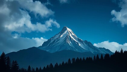 Obraz premium Geometric mountain peak at night, spruce forest silhouette, cloudy sky , adventure, majestic