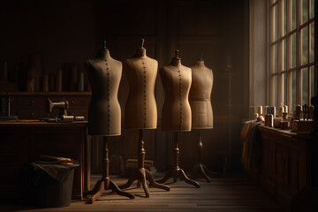 A warm, fashion workspace featuring vintage and modern dress forms, fabric pieces, and sewing tools. 