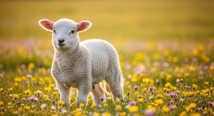 Obraz premium A cute white lamb stands in a vibrant field of yellow and purple wildflowers under a warm, golden light.