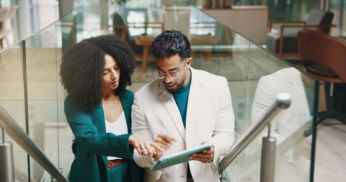 Teamwork, steps or business people with tablet for help, investment research or budget. Collaboration, advice and financial advisor in office lobby for news, accounting deadline or finance report - Powered by Adobe