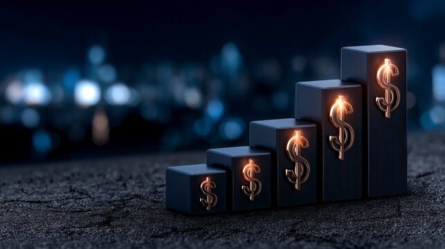 Sustainable Revenue Growth Upward Financial Chart with Dollar Symbols. Achieving consistent financial prosperity a strategic roadmap for climbing profit trajectory and maximizing monetary