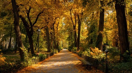 Obraz premium Autumn Park Pathway Lined with Tall Trees and Fallen Leaves