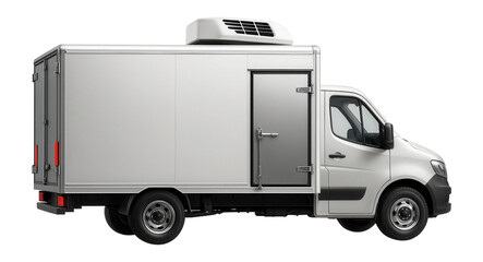 Boxy donor blood transport truck with rear double doors and cooling unit