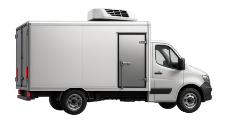 Boxy donor blood transport truck with rear double doors and cooling unit