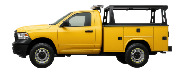 Roadside assistance pickup with mounted light bar and tool rack