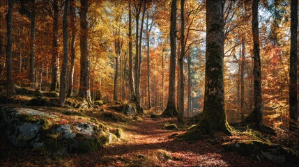 Obraz premium Serene Autumn Forest with Golden and Red Foliage and Sunlight