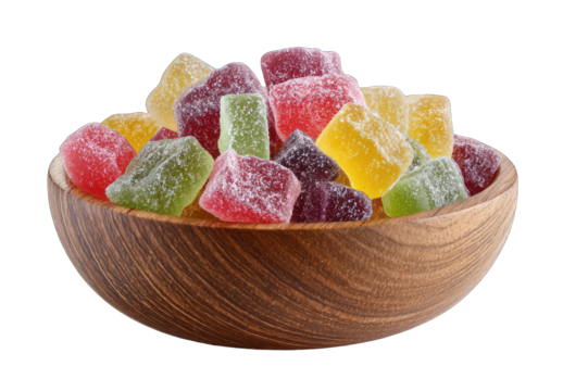 Colorful jelly cubes in a wooden bowl