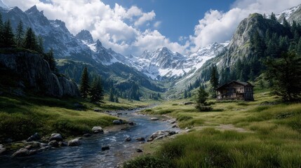 Tranquil Alpine Valley with Snowy Peaks, River, and Chalet


