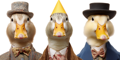 Three ducks wearing formal attire