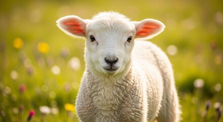 Obraz premium Portrait of a fluffy white lamb standing in a sunlit meadow filled with wildflowers, looking directly at the camera.