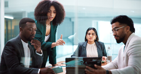Business people, meeting and laptop for planning in office, insurance proposal or feedback....
