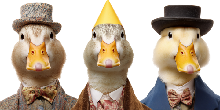 Three ducks wearing formal attire