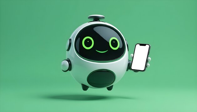 Cute Futuristic Robot Holding Smartphone on Green Background &ndash; AI Technology Concept