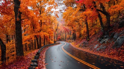 Winding Road Through Autumn Forest with Fallen Leaves

