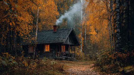Wooden Cabin in Autumn Forest with Smoke Rising

