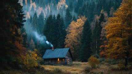 Wooden Cabin in Autumn Forest with Smoke Rising

