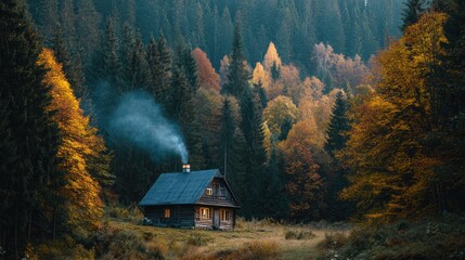 Wooden Cabin in Autumn Forest with Smoke Rising

