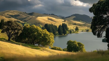 Shore of a beautiful lake surrounded by trees and rolling hills
