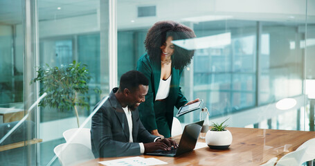 Business, man and mentor with laptop in office for accounting, training and financial feedback....