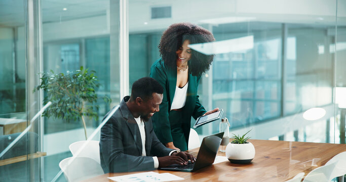 Business, man and mentor with laptop in office for accounting, training and financial feedback. People, teamwork and manager with tablet for planning, review budget and helping of investment proposal