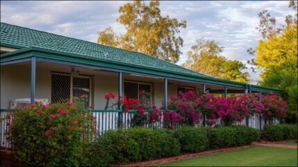Charming single-story house with vibrant green corrugated metal roof, white picket fence, colorful flower bushes, blue-painted posts, and manicured lawn under partly cloudy sky.