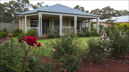 Charming single-story house with light green exterior, gray metal roof, covered porch, white railings, outdoor chairs, lush garden, red and pink roses, green shrubs, 