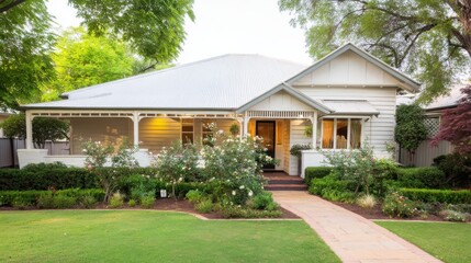 Charming single-story white house with slanted metal roof, cozy front porch, warm light, intricate dark door, manicured garden, blooming rose bushes, stone pathway, leafy trees, 