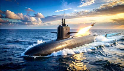 Submersible warship launching missile at sunset