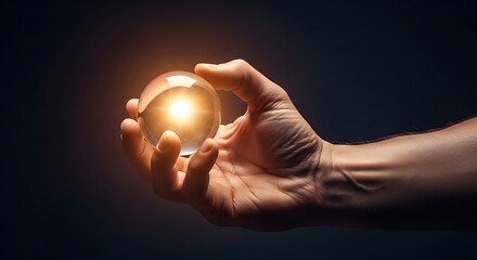 Hand holding a glowing crystal ball symbolizing future prediction and magic