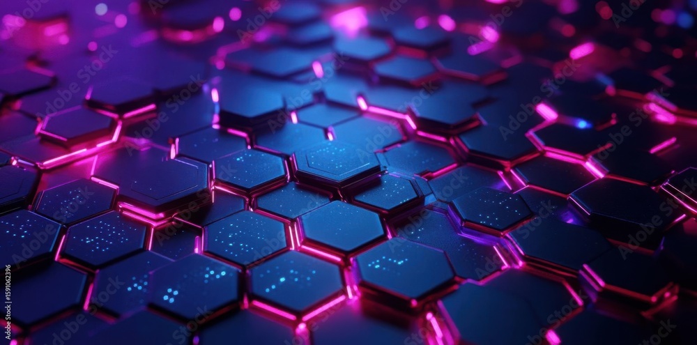 Poster abstract hexagon pattern glows with tech concept. dark geometric futuristic design