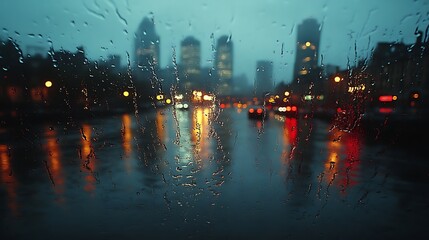 Rainy cityscape photograph through a wet window with reflected lights and blurred background