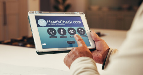 Senior person, hands and research with tablet screen for telehealth or virtual checkup in home....