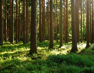 Naklejka premium Sunlight filtering through a dense forest (5)