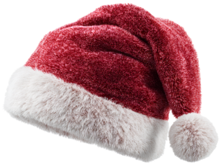 Classic Red Santa Hat with Fluffy White Trim and Pom Pom, Front View, Isolated on Transparent Background PNG