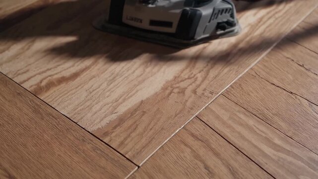 Craftsman uses a sander to refine wooden planks for a flawless finish, showcasing the step-by-step process of wood transformation indoors during daylight