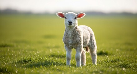 Fototapeta premium An adorable white lamb stands alone in a lush green field, backlit by the sun.
