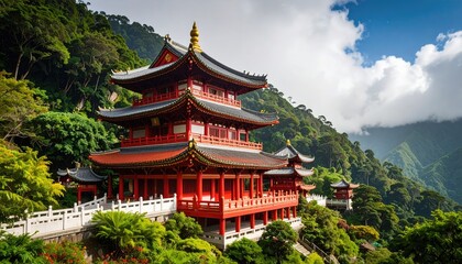 Red Pagoda nestled amidst lush mountains