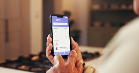 Hands, senior person and phone screen in home with app, research and doctor communication. Elderly...