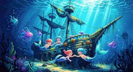 Fototapete Piraten Mermaids playfully gather around a sunken pirate ship in the deep blue sea, amidst coral reefs and exotic sea creatures.  © Johsna