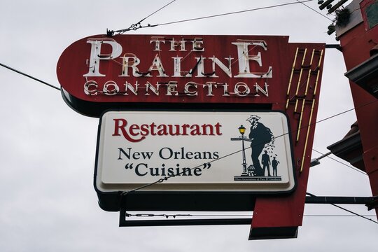 "The Praline Connection" restaurant sign in Marigny, in New Orleans, Louisiana.