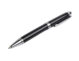 Black ballpoint pen office stationery writing instrument close up view on transparent background
