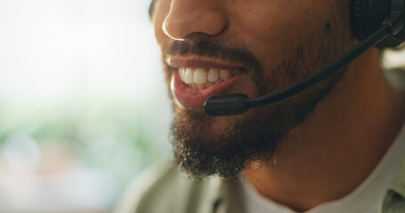 Closeup, call center and man with headset, communication and help desk with telemarketing. Mouth,...