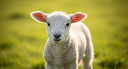 Obraz premium A fluffy white lamb stands attentively in a sunlit green pasture, looking directly forward.