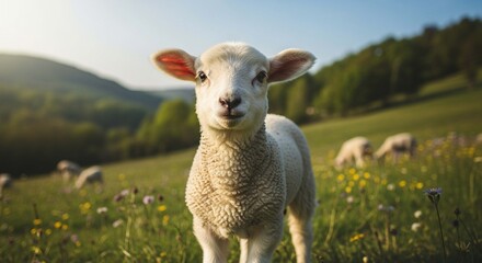 Obraz premium A close-up portrait of a fluffy lamb standing in a sunlit meadow, other sheep grazing in the background.