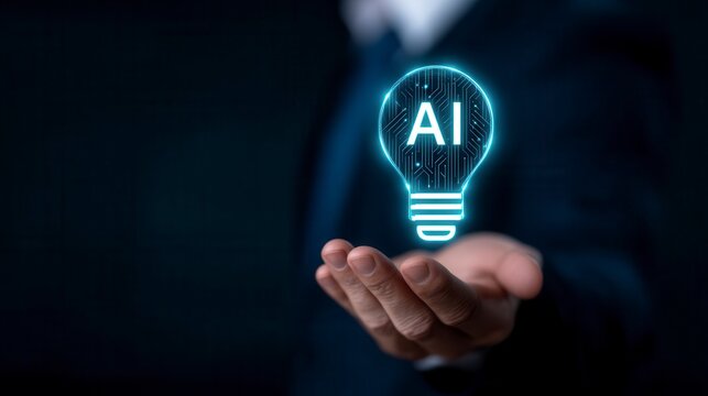 Illuminate Success Harness AI for Business Innovation Now. A businessman holds a glowing AI lightbulb with tech icons symbolizing innovation. Unlocking enterprise potential via artificial