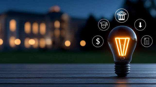 Innovative Business Solutions and Strategic Growth Concept with Light Bulb and Education Icons. Unlocking enterprise advancement via creative ideas and academic planning for enhanced